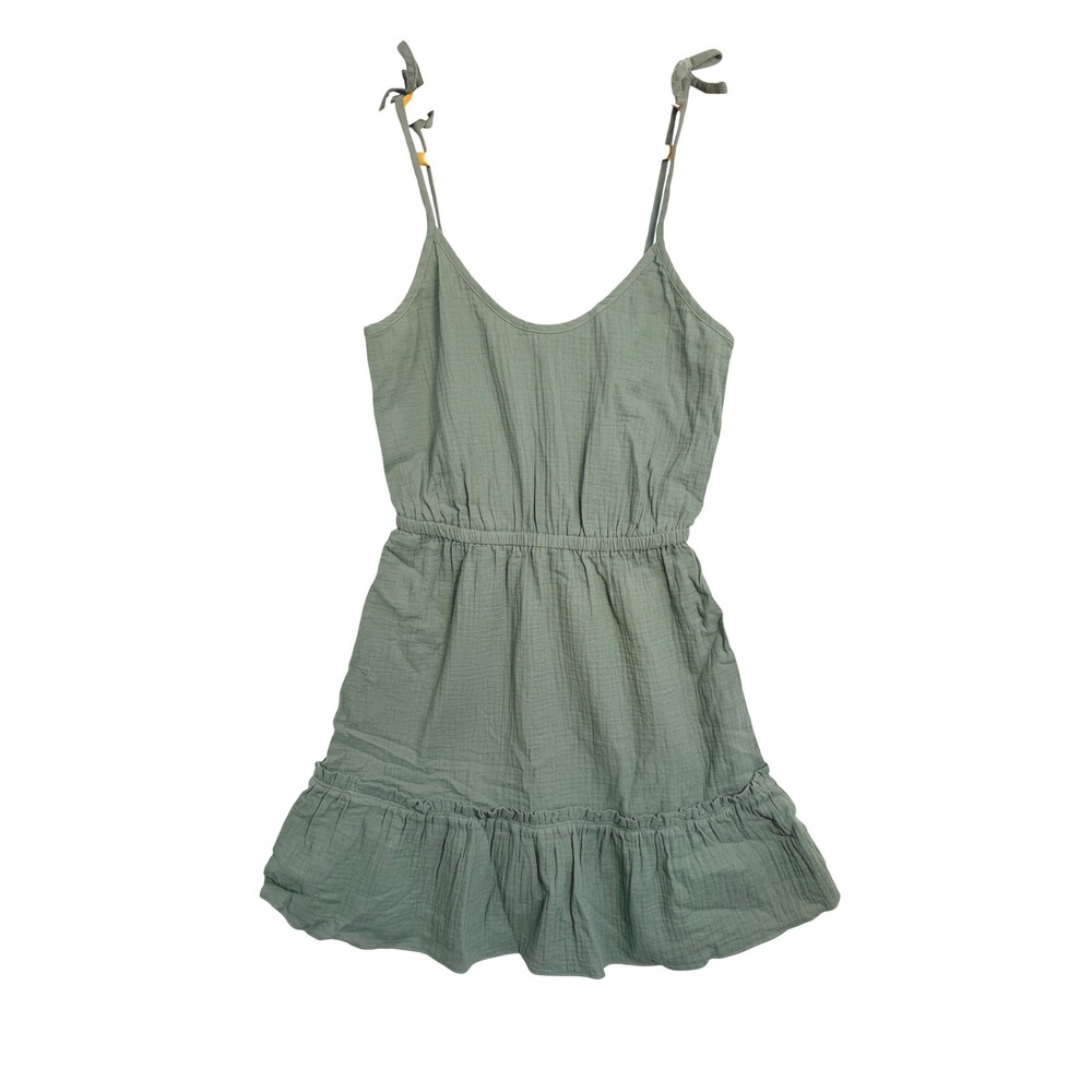 UpWest Organic Cotton Gauze‎ Tie Shoulder Mini Dress Sage Green Tiered Ruffle XS